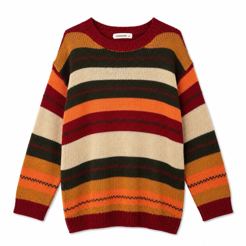 ANDTHEWHY Sweater Women's M/L Multicolor Striped Crew Neck Pullover Oversized